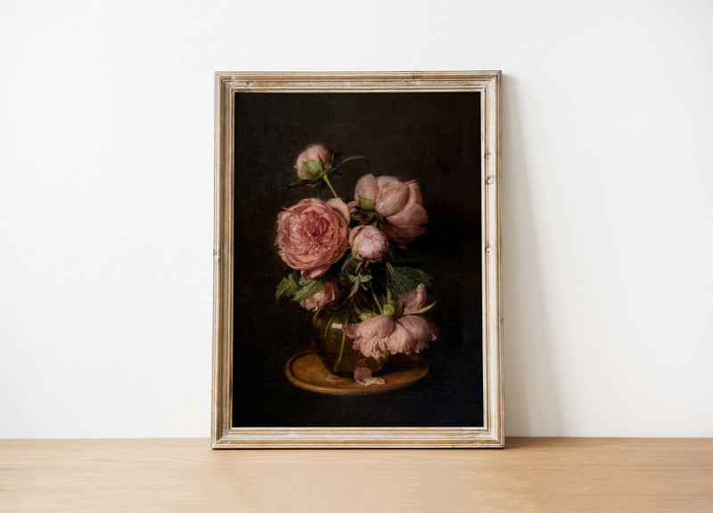 Moody Peonies Vintage Art Print 8x10