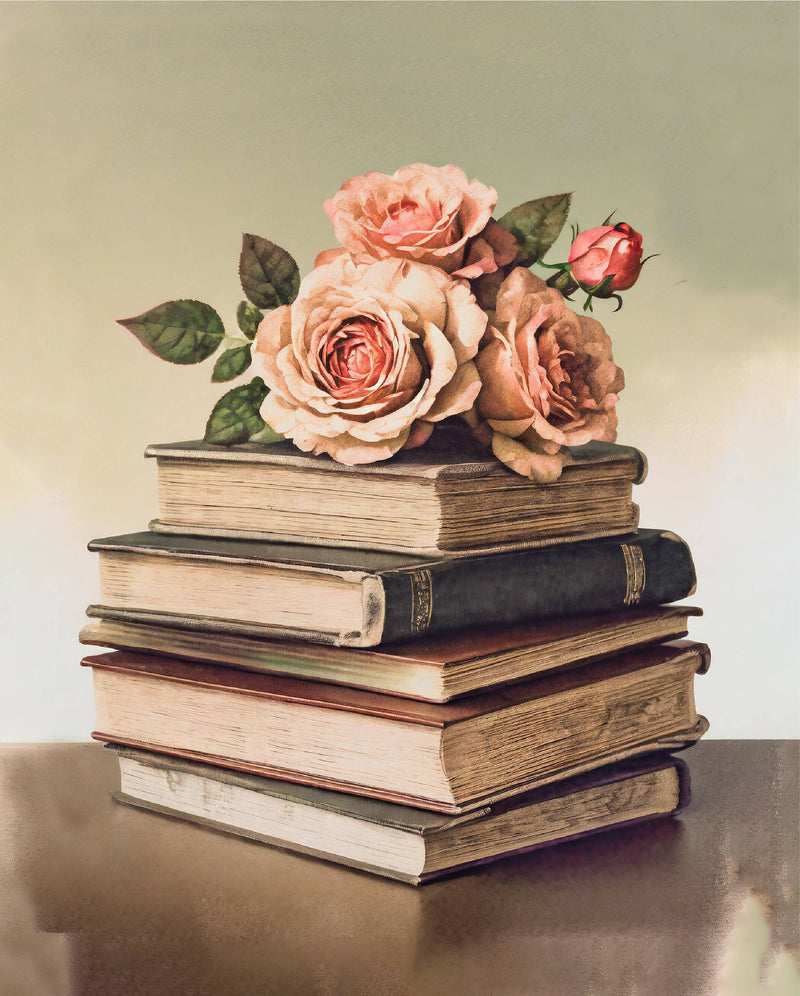 Vintage Books & Roses Art Print 8x10