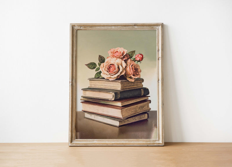 Vintage Books & Roses Art Print 8x10