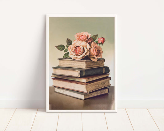 Vintage Books & Roses Art Print 8x10